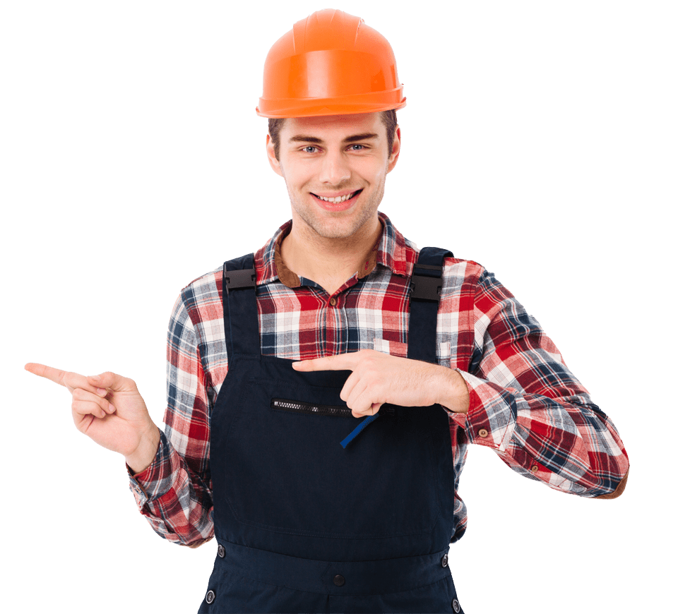Handwerker zeigt nach Links
