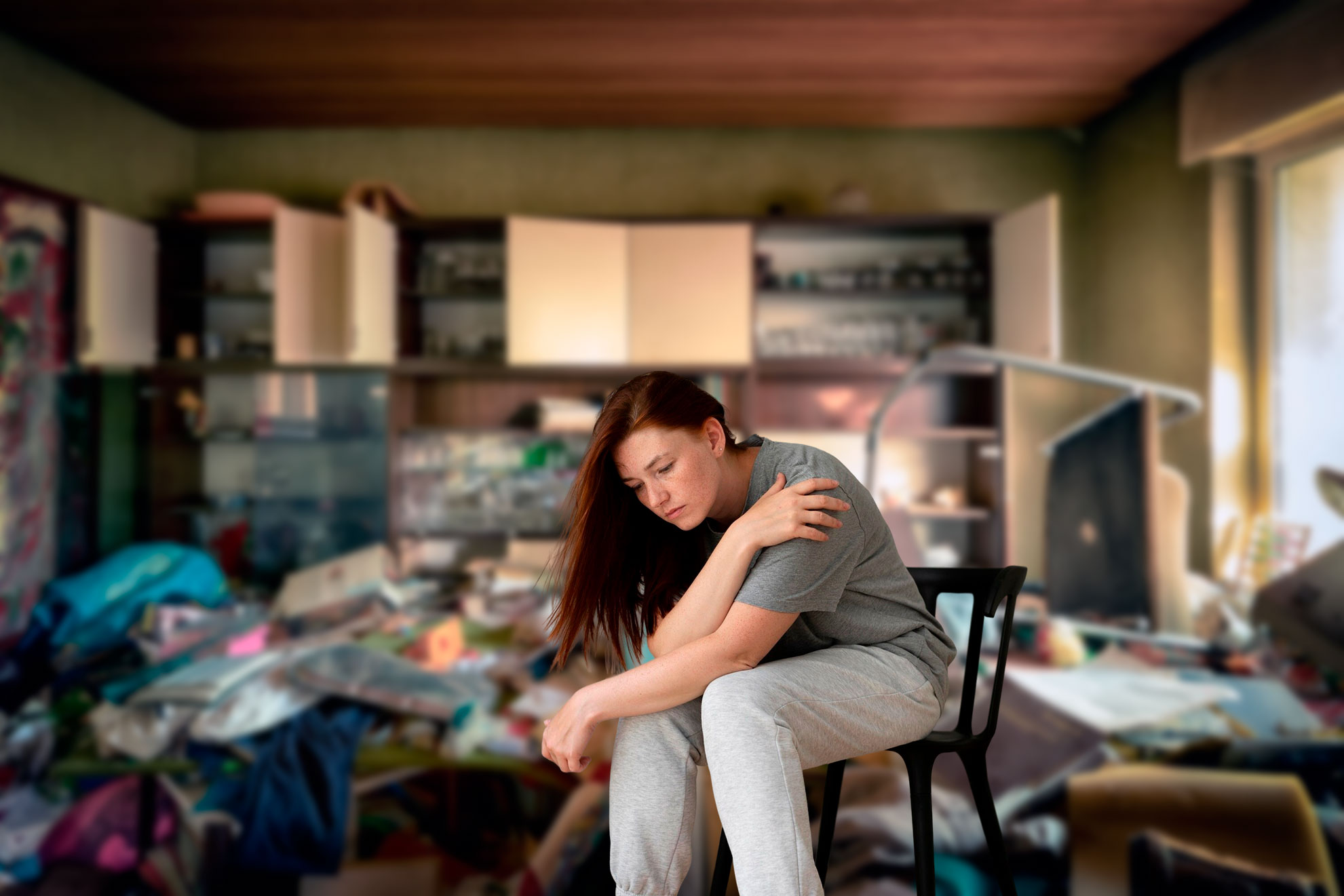 Messiwohnung mit trauriger Frau